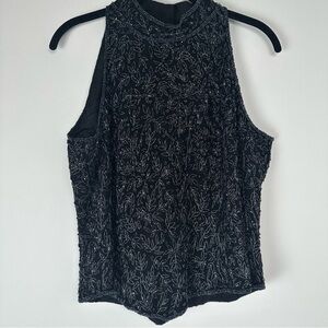 Papell Boutique Evening Top Size Large Black Beaded Floral Mock Neck Formal Silk